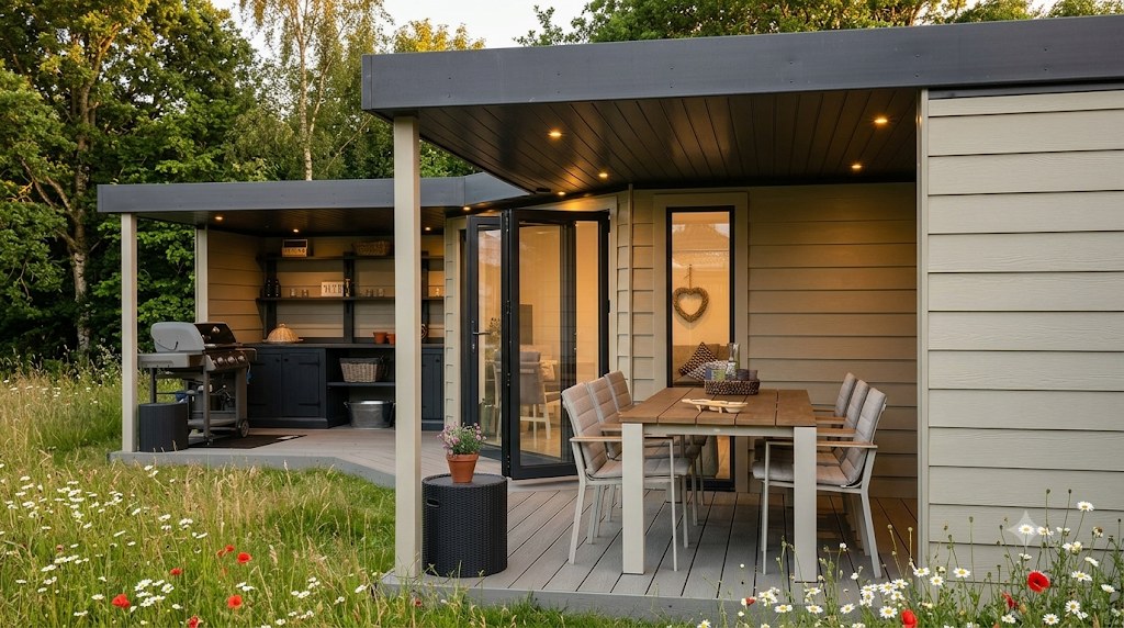 Covered outdoor kitchen and dining area