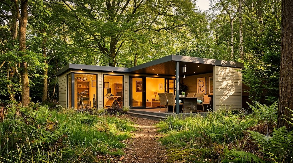 A Cosy cabin at golden hour among mature trees